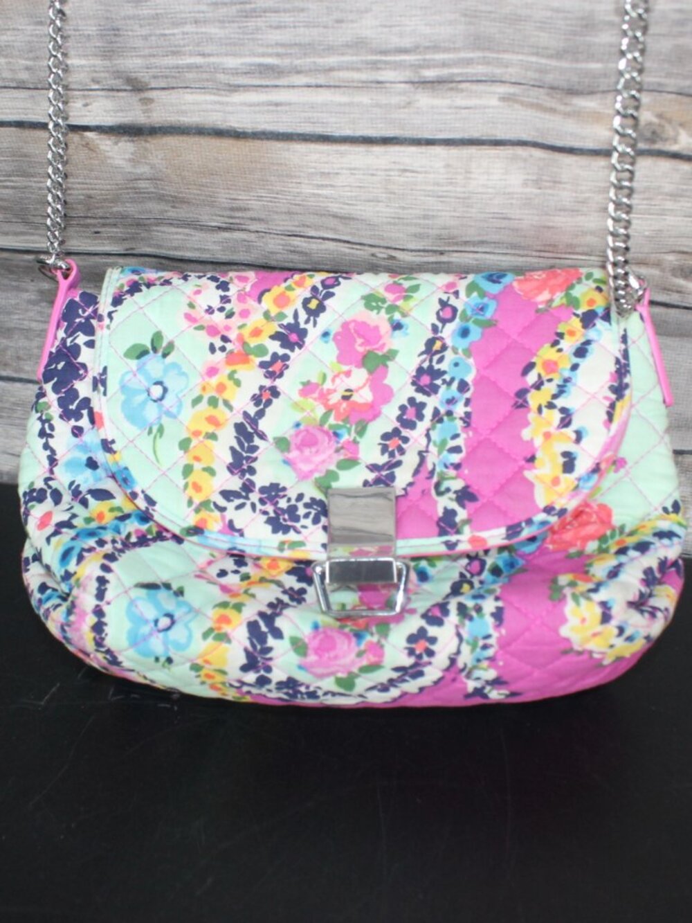 Vera Bradley Quilted Cotton Crossbody Bag Floral Multi-Color Pink Teal Chain